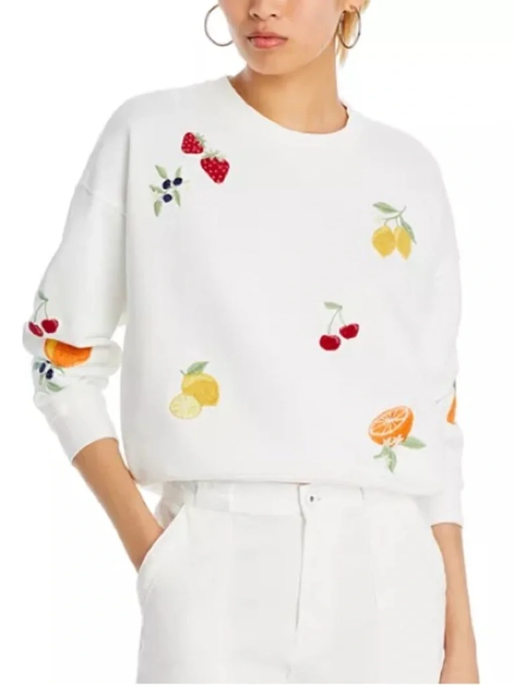 Aqua White Crewneck Sweatshirt with Colorful Fruit Embroidery - Picture 1 of 9